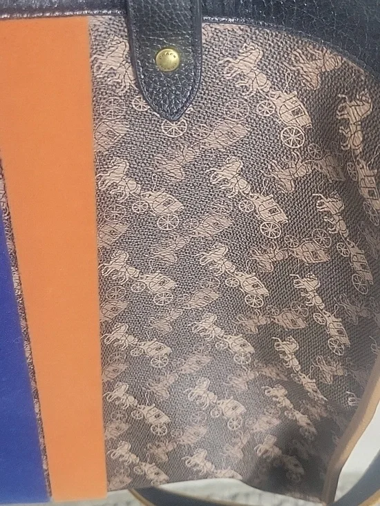 Coach Xtra Large Field Tote Monogram Tote with Blue, Orange & Mustard Stripes - Picture 11 of 12